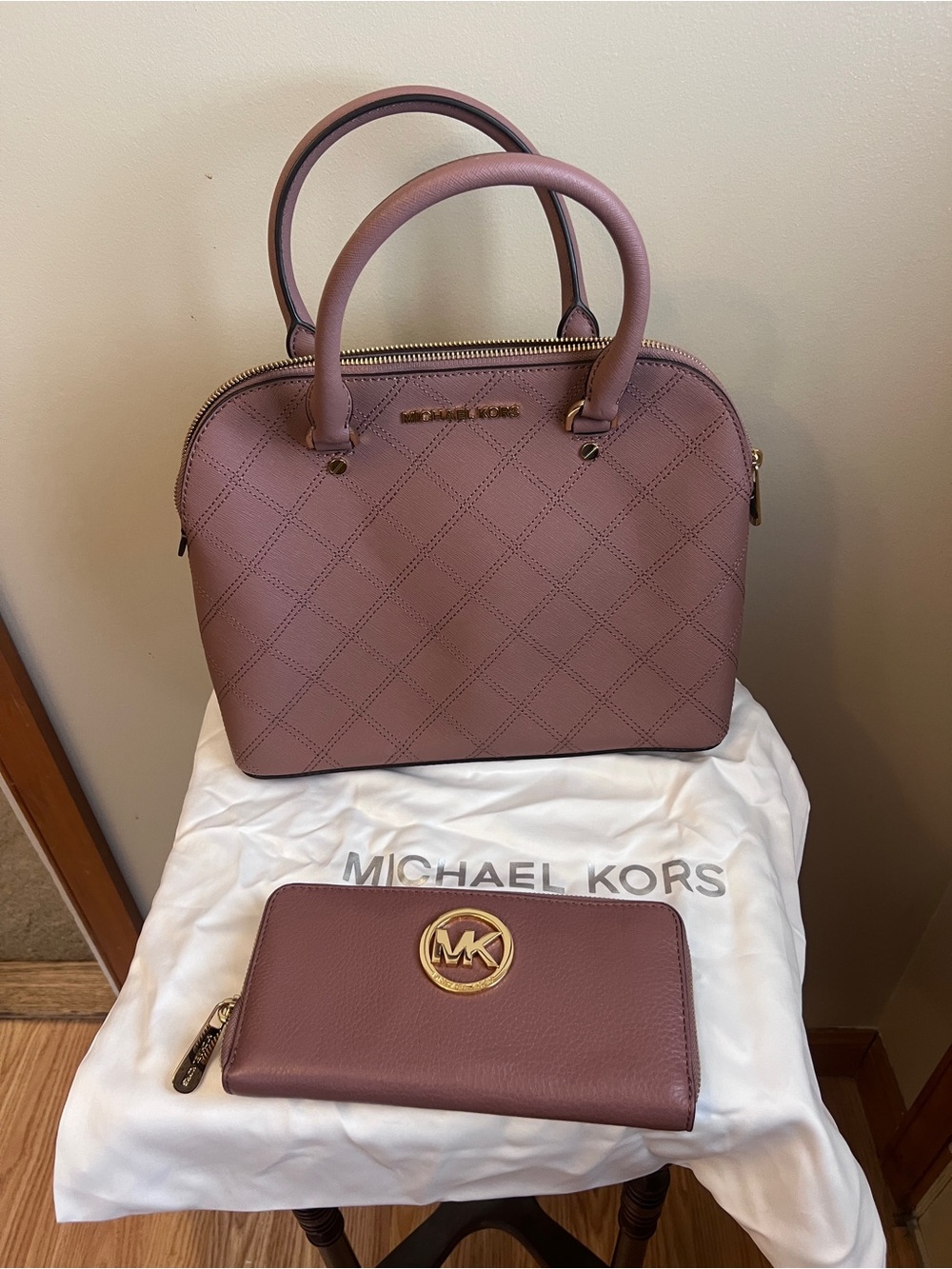 Michael Kors Cindy Dusty Rose Quilted Dome Satchel with Matching Wallet